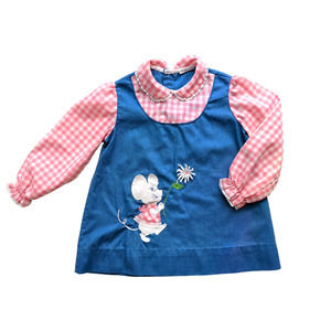 Vintage Girl's Jumper Dress Pink Gingham & Blue Cute Embroidered Mouse Detail
